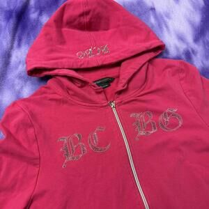 BCBG maxazria pink zip up hoodie with silver rhinestones